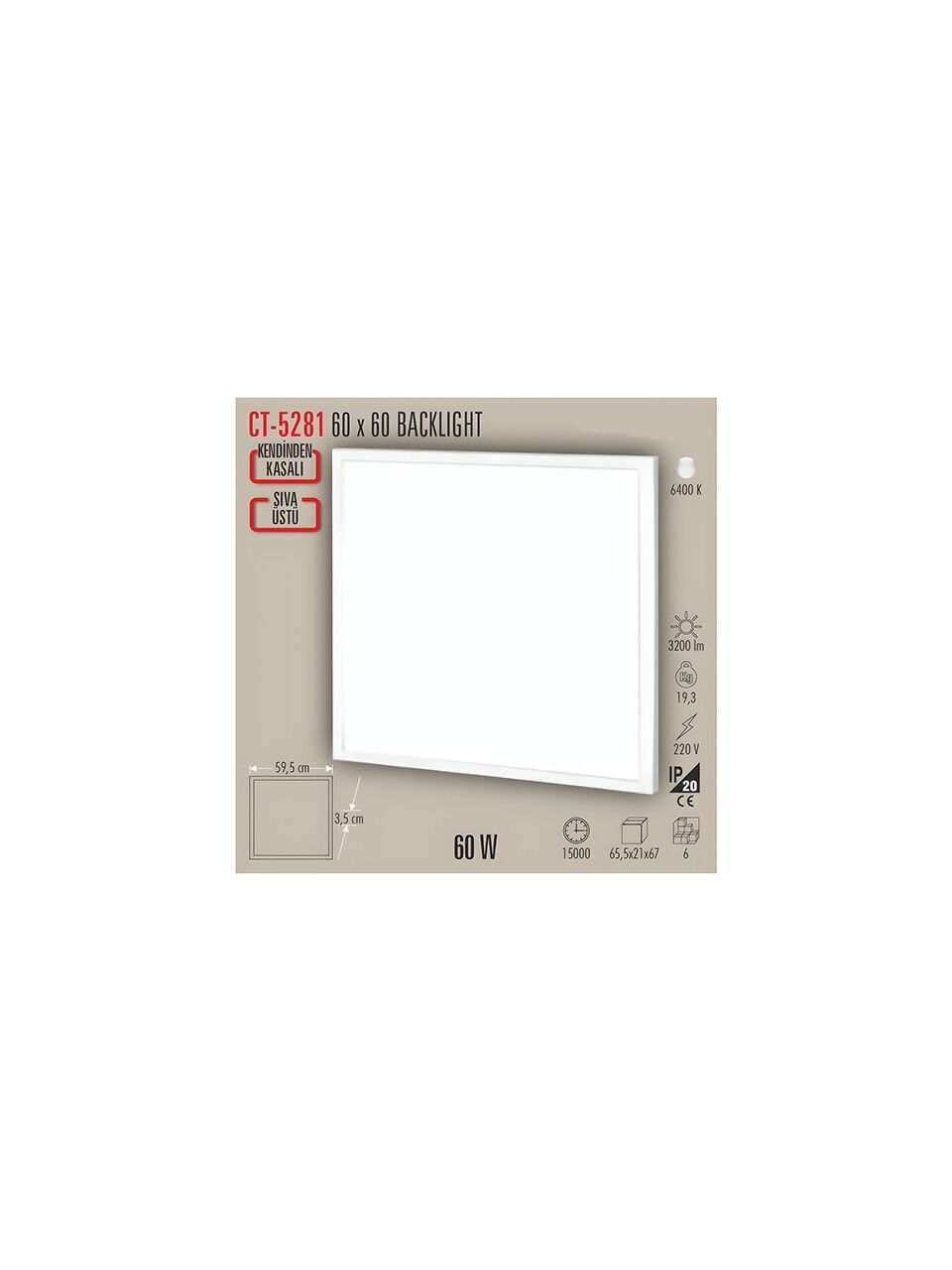 ATA CT 5281 Sıva Üstü 60X60 60 W Led Panel Spot Beyaz Işık 6400K