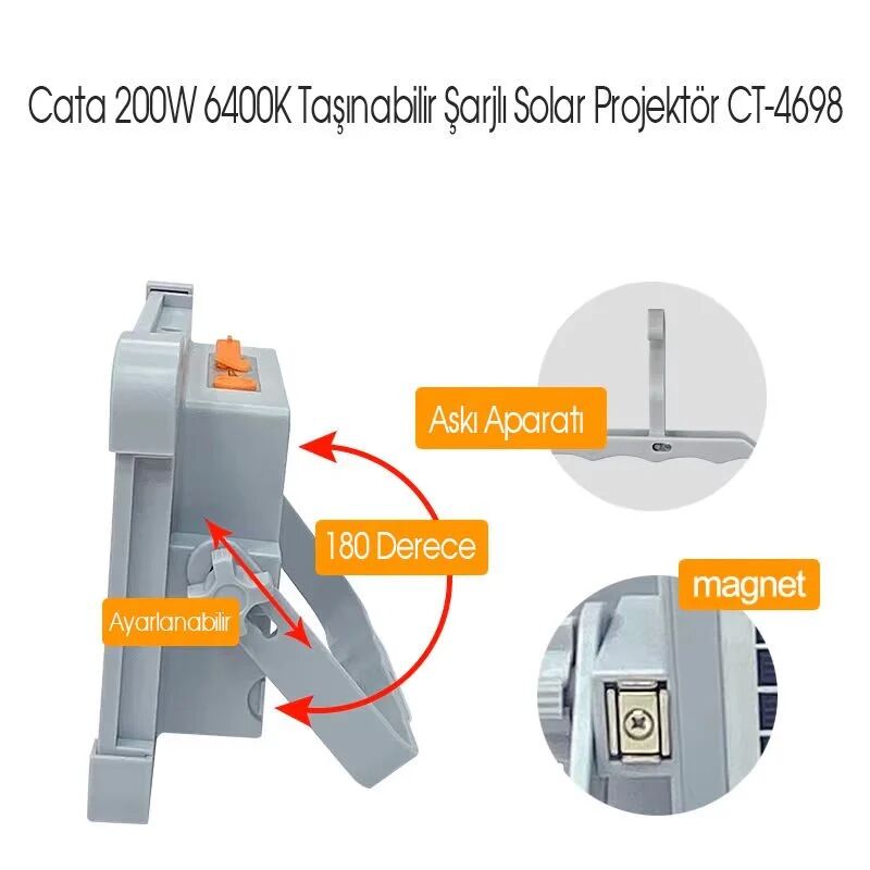Cata CT-4698 200W 6400K Taşınabilir Şarjlı Solar Projektör