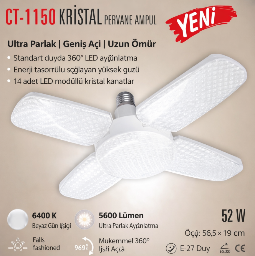 CATA CT-1150 Kristal Pervane Led Ampul 52W Beyaz Isik