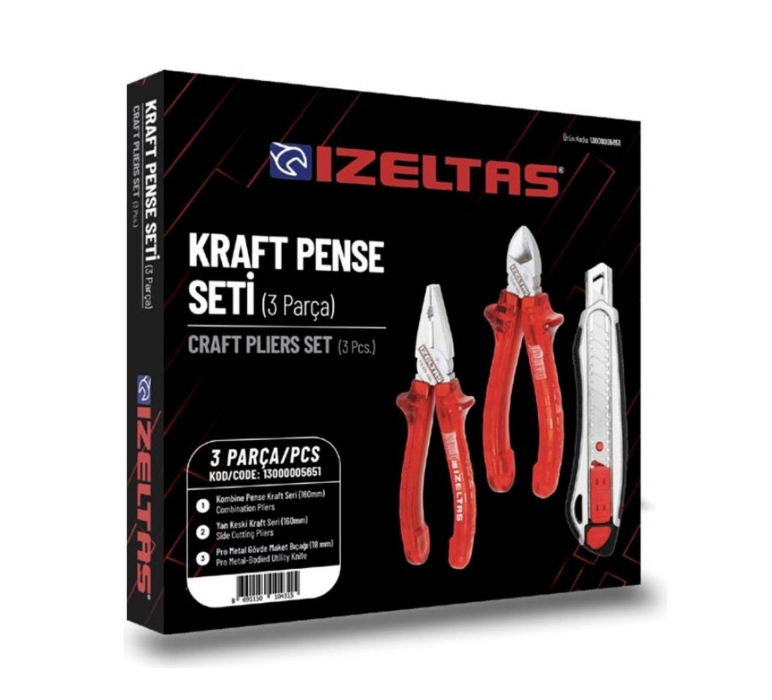 İzeltaş 3'lü Kraft Pense Seti 3 Parça Kraft Pense 160MM Kraft Yan Keski 160MM Maket Bıçağı 13000 005651
