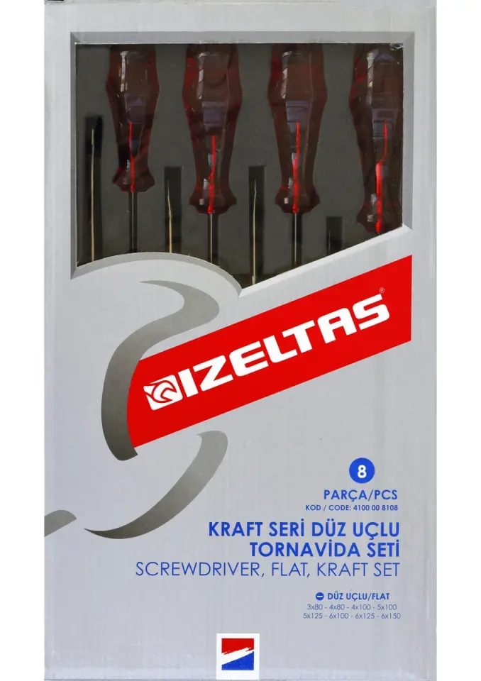 İzeltaş 4100 00 8108 Kraft Seri Düz Uçlu Tornavida Seti (8 Parça)